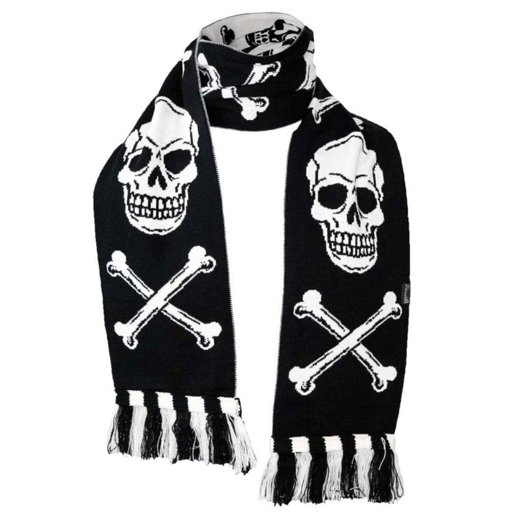 Soft 63" Long Winter Scarf Black & White Skull & Crossbones Fringe Tassels NWT